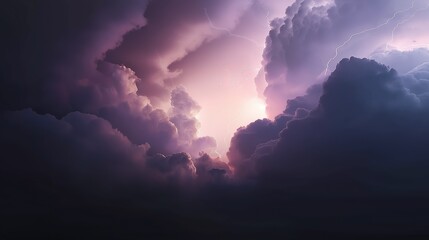 Aerial View of Dark Storm Clouds with Purple Lightning: High-Contrast Textures and Ominous Shadows in Dramatic Skyscape