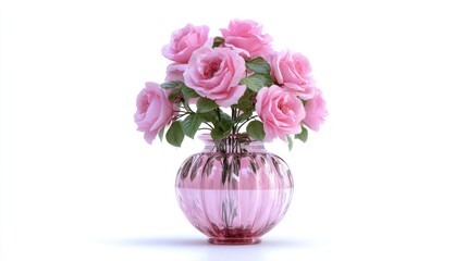 Obraz premium 3D render of crystal vase with fresh roses on white background