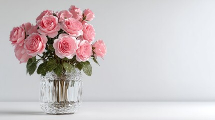 Fototapeta premium 3D render of crystal vase with fresh roses on white background