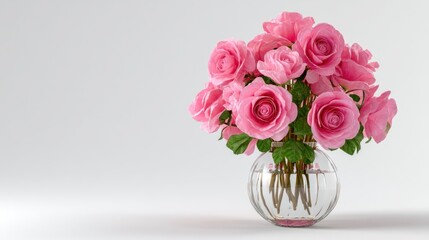 Obraz premium 3D render of crystal vase with fresh roses on white background