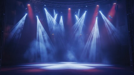 Empty stage with colorful spotlights and haze.
