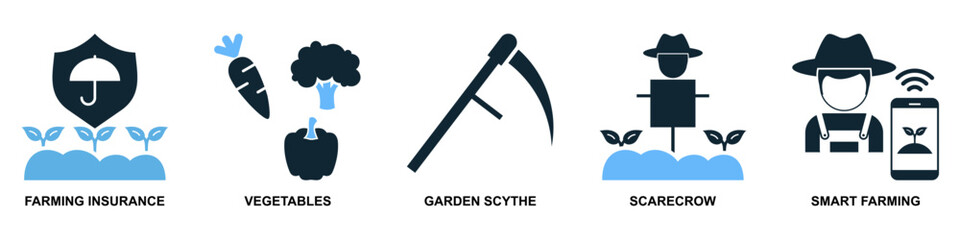 Set agriculture farming icon vector for various aspects of cultivation, livestock, and rural life. Ideal for agricultural businesses, food production, and sustainable development themes.