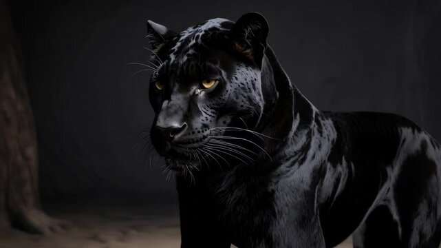 Portrait of a sleek black panther with intense golden eyes against a dark background, showcasing its powerful presence and elegant fur patterns