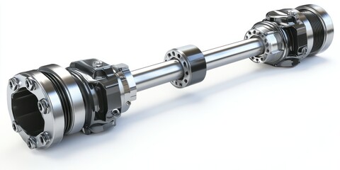 3D render of drive shaft with universal joints on white background