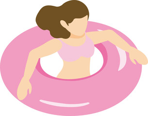 アイソメトリック 人物 女性 浮き輪 海 海水浴 プール 水着 水泳 夏 トラベル イラスト素材