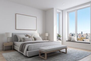 Modern minimalist bedroom with large window offering city view, featuring a gray upholstered bed, light wood nightstands, and a neutral color palette