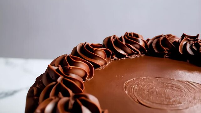 Delicious chocolate cake with frosting swirls on top and chocolate chips on a marble surface against a gray background in studio light