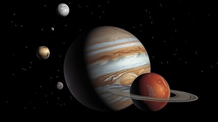 3D Rendered Cosmic Scene with Jupiter, Saturn, Mars and Moons on Black Background, Side View Planetary Rings and Lunar Surface Illustration for Astronomy Design