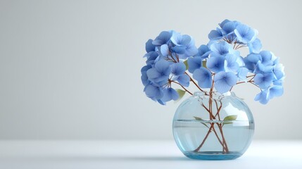 3D render of glass vase with blue hydrangeas on white background