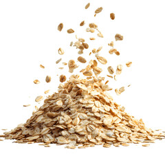 Fresh oat flakes heap with falling oatmeal against studio shot isolated on white transparent background PNG cutout