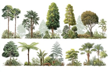 Detailed botanical illustration showcasing diverse tropical and subtropical tree and plant species against a white background, arranged in two rows