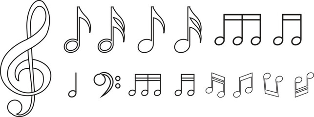 Music notes icon set. Poised flat and line symbol photograph, emphasized by defined bold, musically perfect, clarity, horizontal, sound collection isolated on transparent background, used for web.