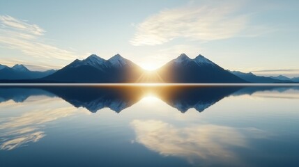 majestic mountain range reflecting on still lake surface, golden hour lighting, ultra wide angle