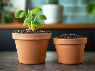 Obraz premium Small green plant grows in terracotta pot next to empty pot on kitchen counter, with blurred background. scene is calm and inviting