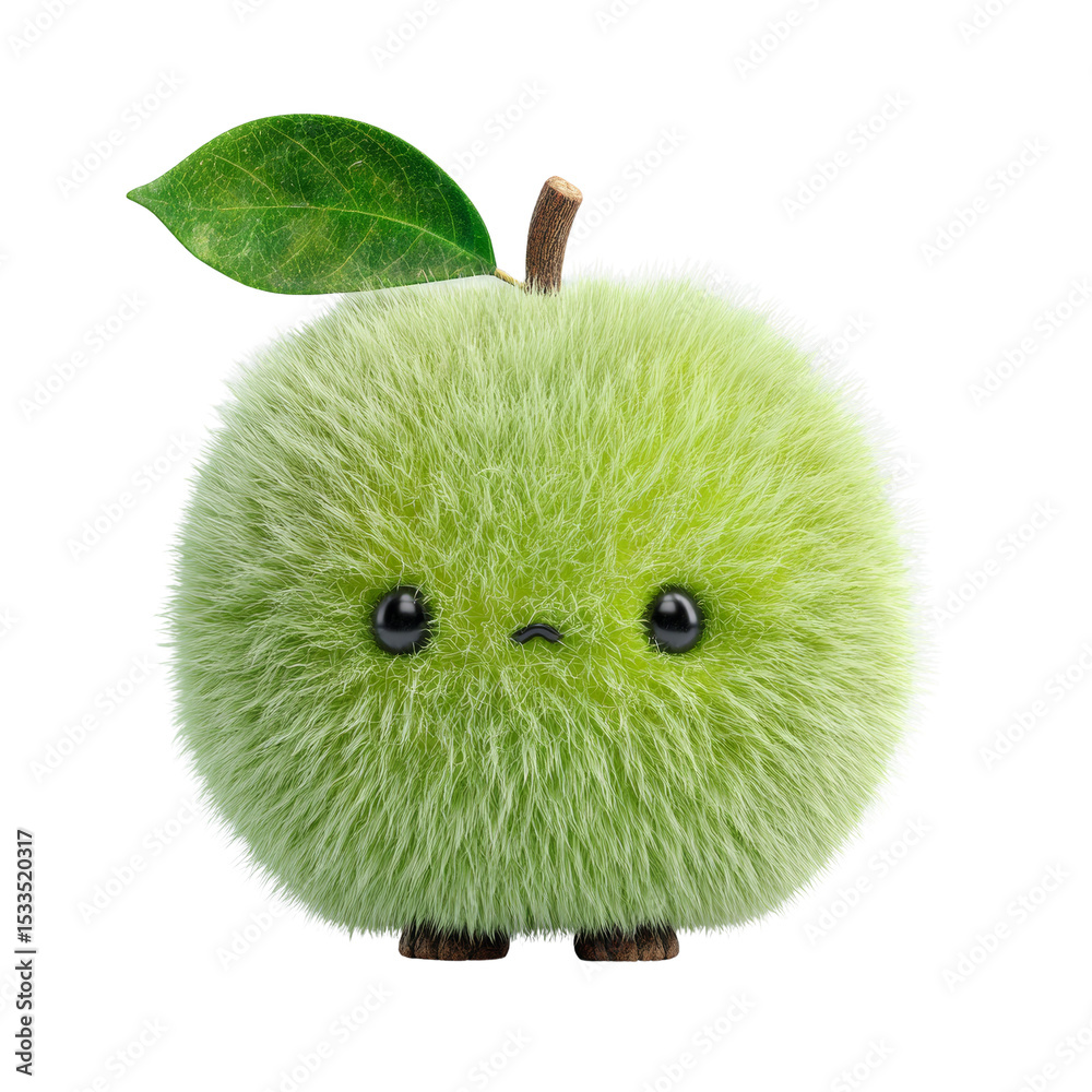 Aufkleber whimsical fuzzy green apple character with expressive eyes on isolated white