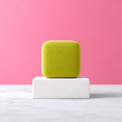 Lime Green Textured Cube on White Platform Against Pink Background