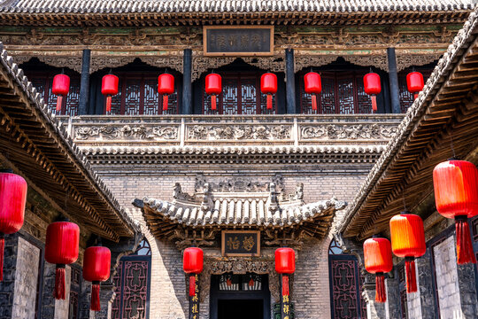 Facade of Traditional Chinese Building with Red Lanterns