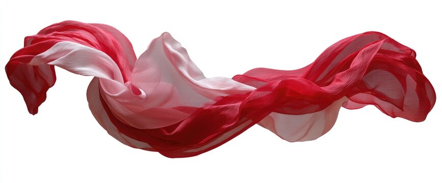 Swirling red and white fabric in motion, isolated on white background