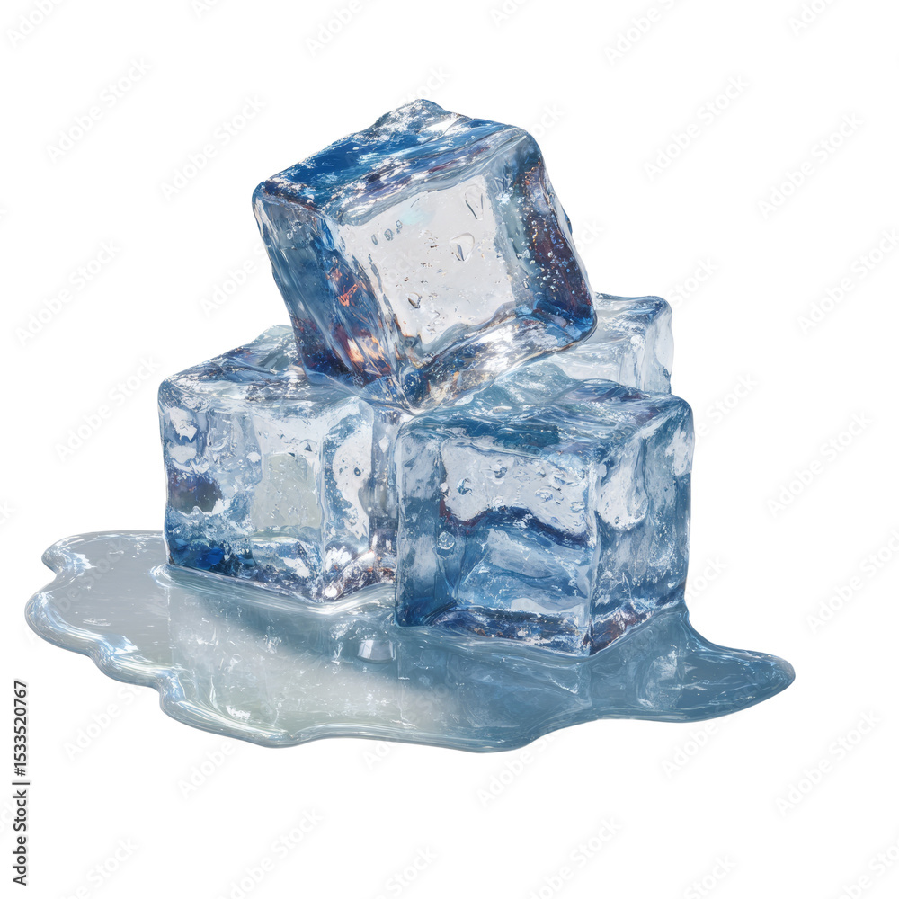 Poster melting ice cubes on white background, isolated for refreshing summer vibes