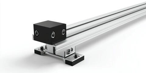 3D render of linear guide rail and block on white background