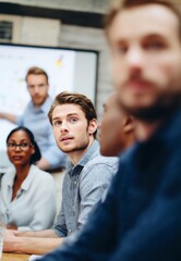 Professional team collaborating in modern workplace with colleague presenting slide on screen, focusing on corporate success through technology integration and teamwork, Business strategic meeting