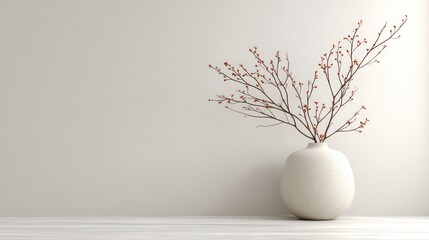3D render of minimalist vase with twig arrangement on white background
