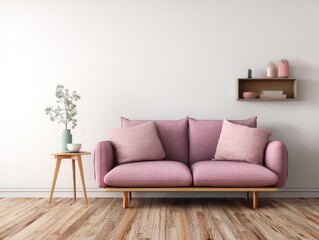 Minimalist living room with a dusty rose sofa, light wood side table, and floating shelf, set against a white wall and light wood floor