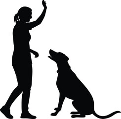 Silhouette vector illustration of a woman training a sitting dog
