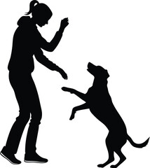Silhouette vector illustration of a woman training a sitting dog