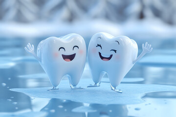 Two cheerful teeth characters in a snowy landscape.