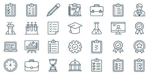 Monochrome Exam and Examination Line Icon Set — Testing and Academic Assessment

