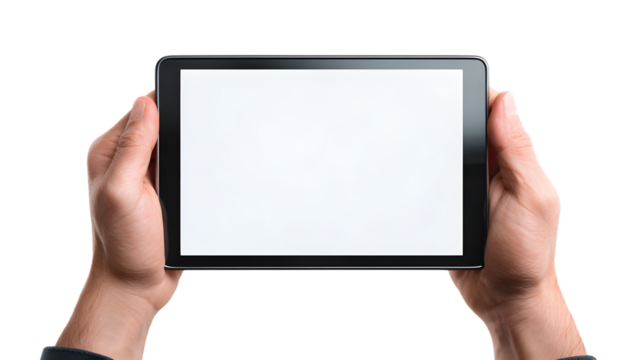 Hands holding a tablet with a blank white screen showcasing technology and digital devices with copy space isolated on white transparent background PNG cutout - Powered by Adobe