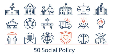 Social Policy Line Icon Set &mdash; Public Welfare and Community Support

