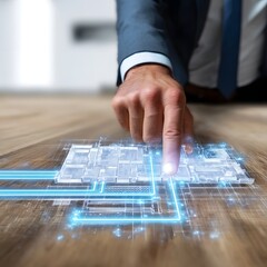 A futuristic 3D layer view of a floor plan with digital icons representing pipes and wiring
