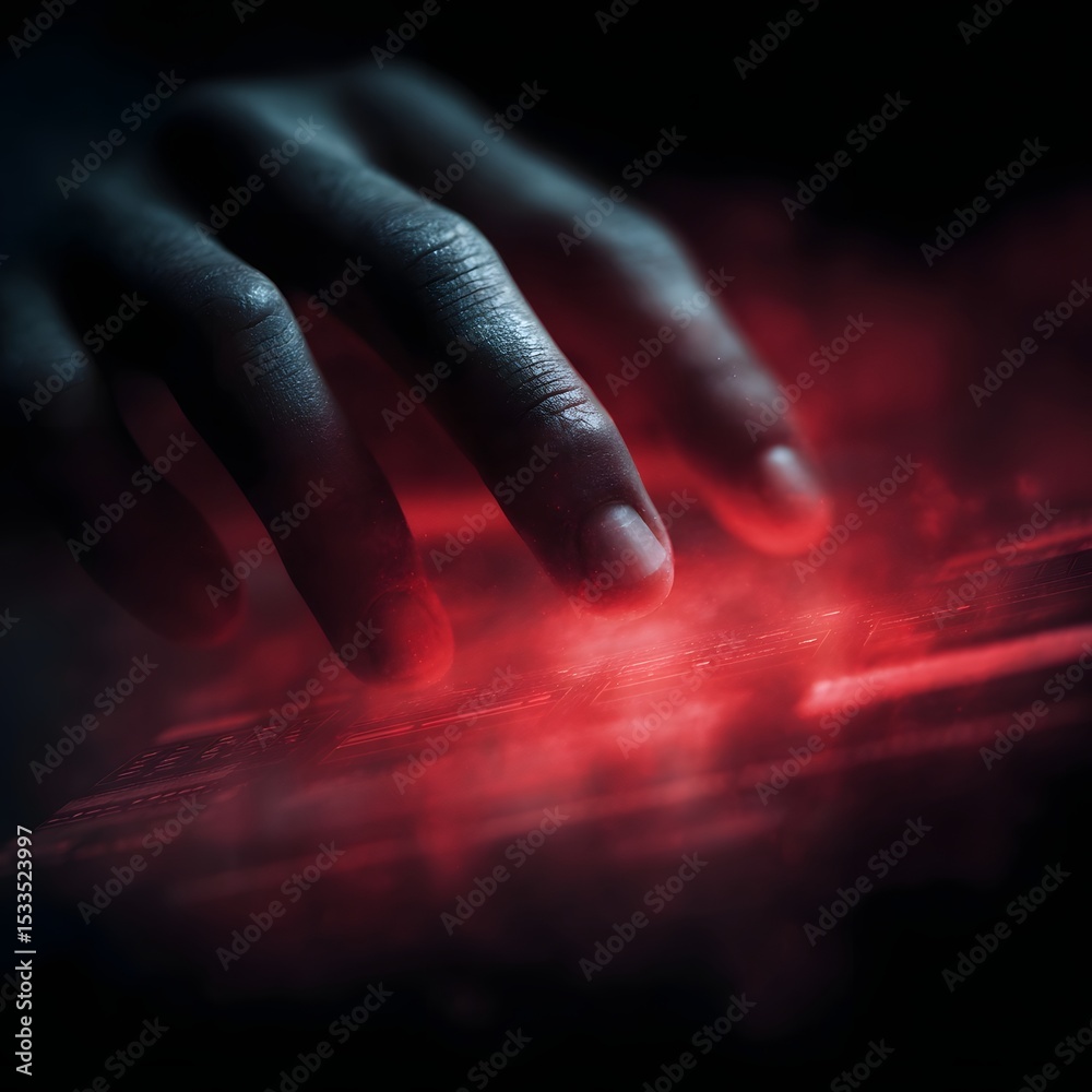Poster hand hovering over a digital alert screen with layered ui elements