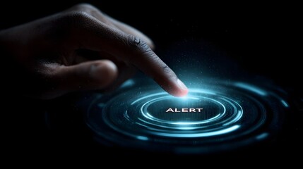 Hand pressing holographic alert button on a futuristic interface