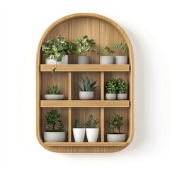 3D render of wooden wall shelf with planters on white background
