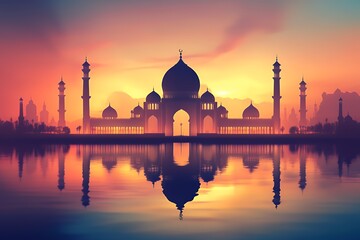 Majestic Mosque Silhouette at Sunset Over Calm Water