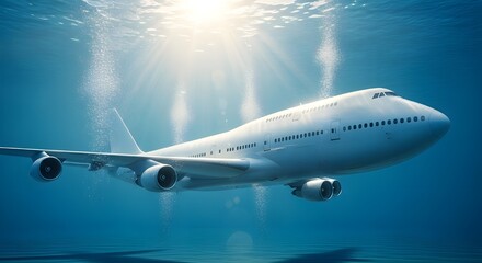 Surreal 3D Render of Airplane Sinking Underwater in Crystal Clear Blue Ocean with Light Rays and Bubbles