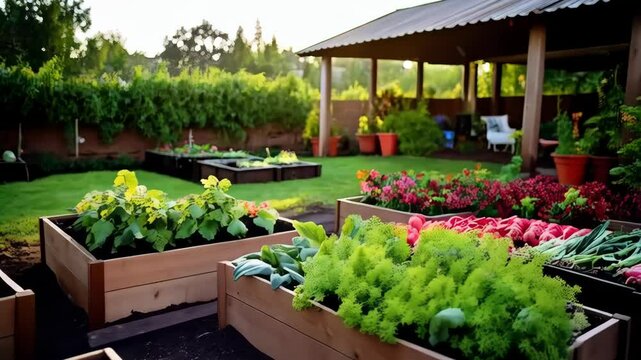 Lush organic vegetable garden with raised wooden beds under the warm sunlight surrounded by green lawn, plants and garden shed