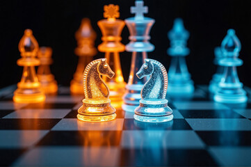 Chess board with chess pieces on it, illuminated by a light source.