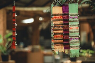 Handwoven Traditional Textile Decorations Hanging Indoors in Southeast Asia