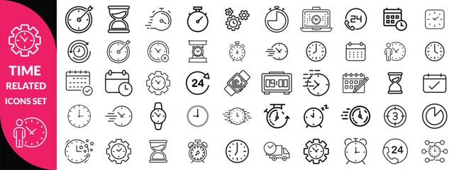 Set of time related line iconsTime Line Editable Icons set. Vector illustration in modern thin line style of clock related icons: timer, stopwatch, alarm, and more. Isolated on transparent background.