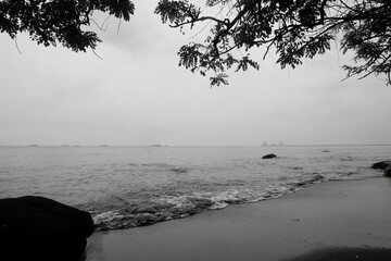 Serene Monochrome Seascape Tranquil Beach Scene Under a Cloudy Sky