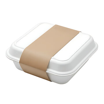 White clamshell food container with brown paper sleeve for label band mockup isolated on white background