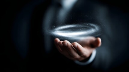 Obraz premium Glowing portfolio icon spinning above a hand in a formal suit sleeve