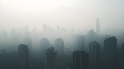Hazy Urban Skyline with Silhouetted High-Rise Buildings