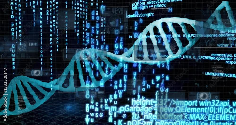 Poster initiating helix rotating revealing teal dna as code streams intensifying panels showing data flow