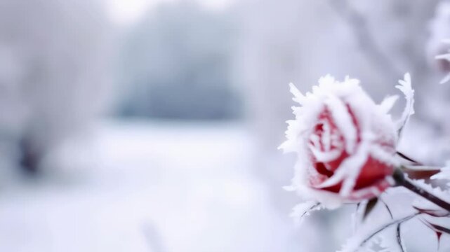 Close up shot of red rose and rose buds covered in a delicate layer of frost in a snow covered outdoor environment.