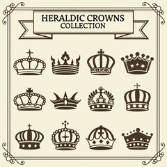 A vintage royal crown vector icon set with heraldic and luxury design elements